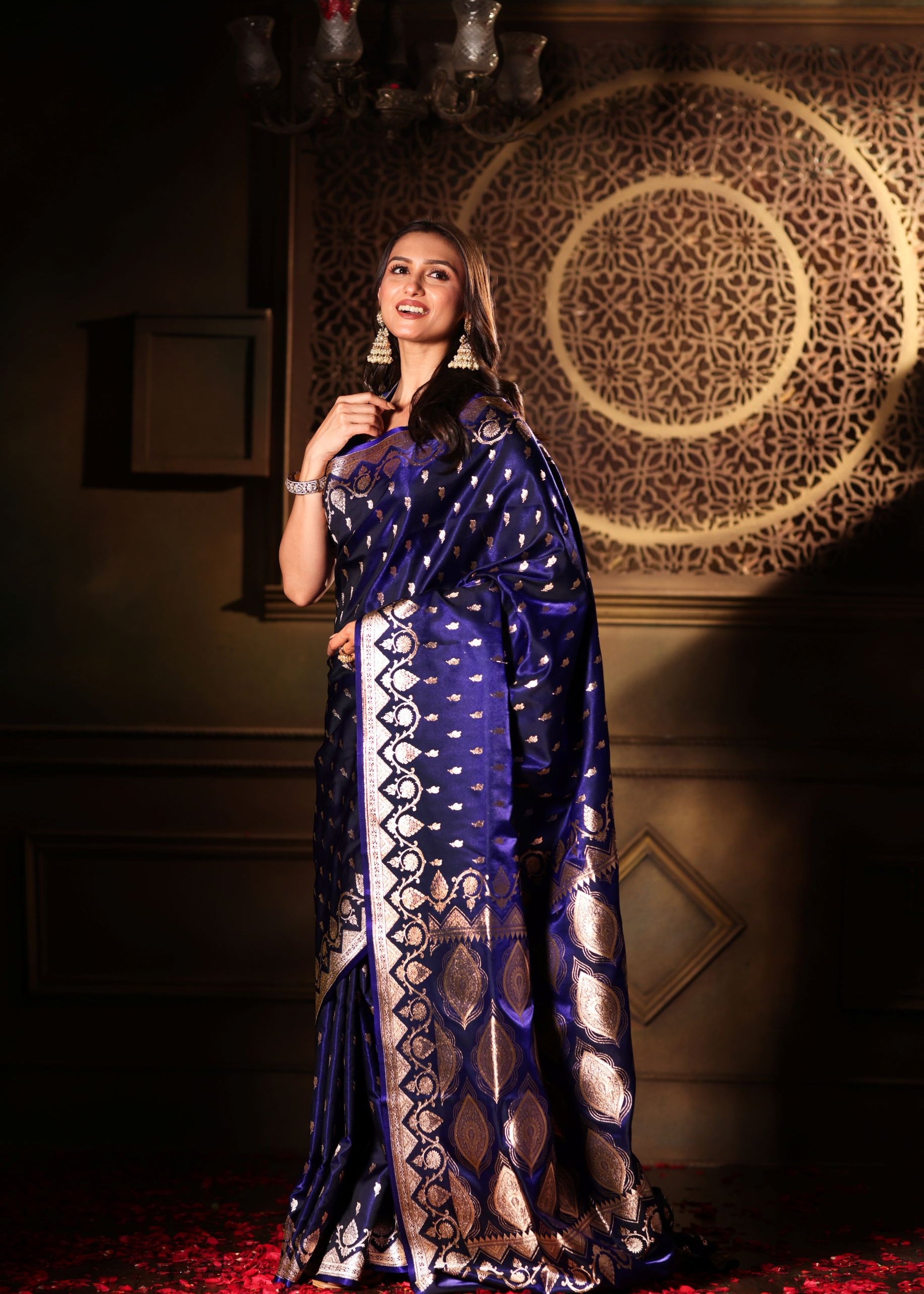 Blue Bridal Banarasi Silk Saree with all over work Front
