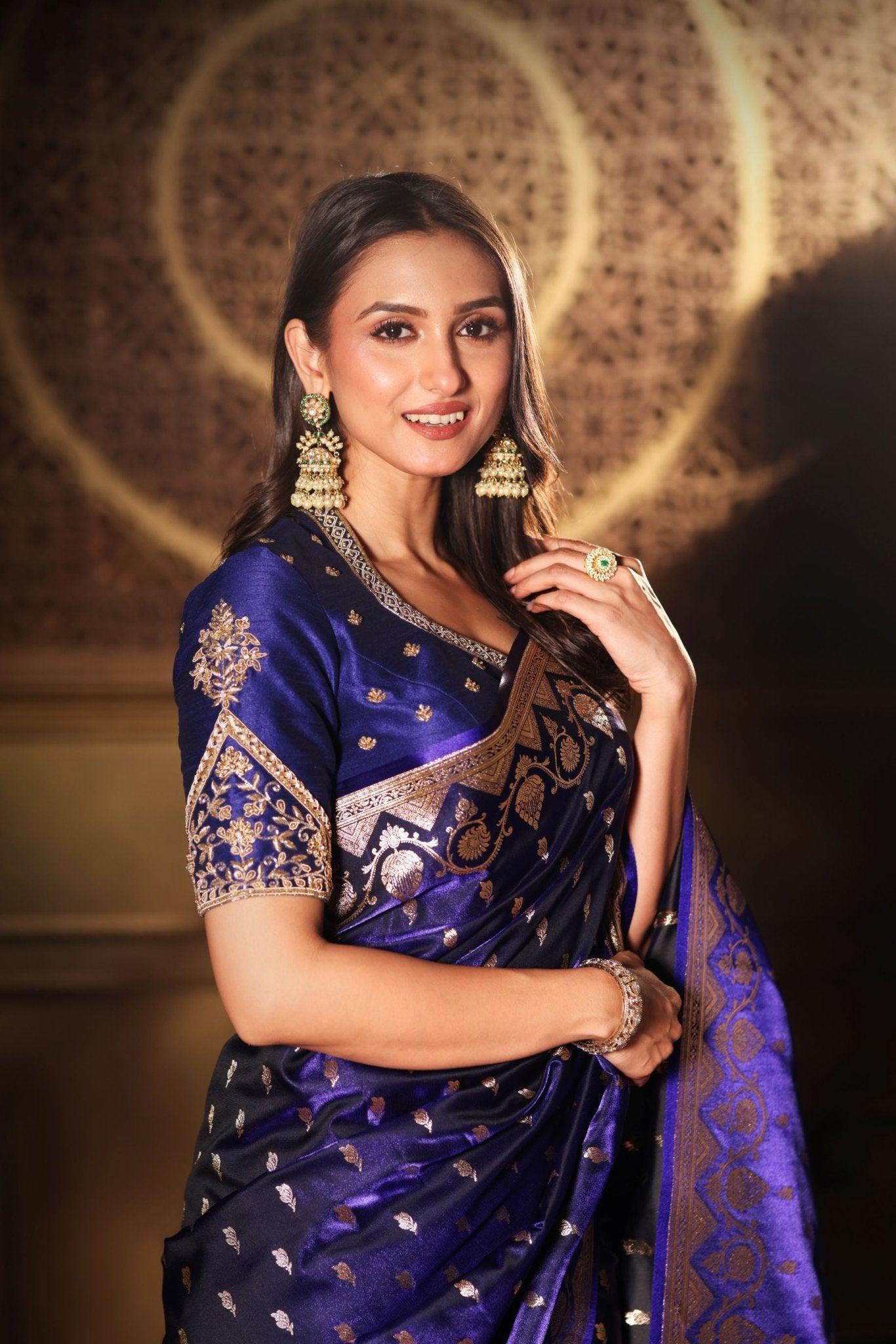 Blue Bridal Banarasi Silk Saree with all over work - Anvi Couture