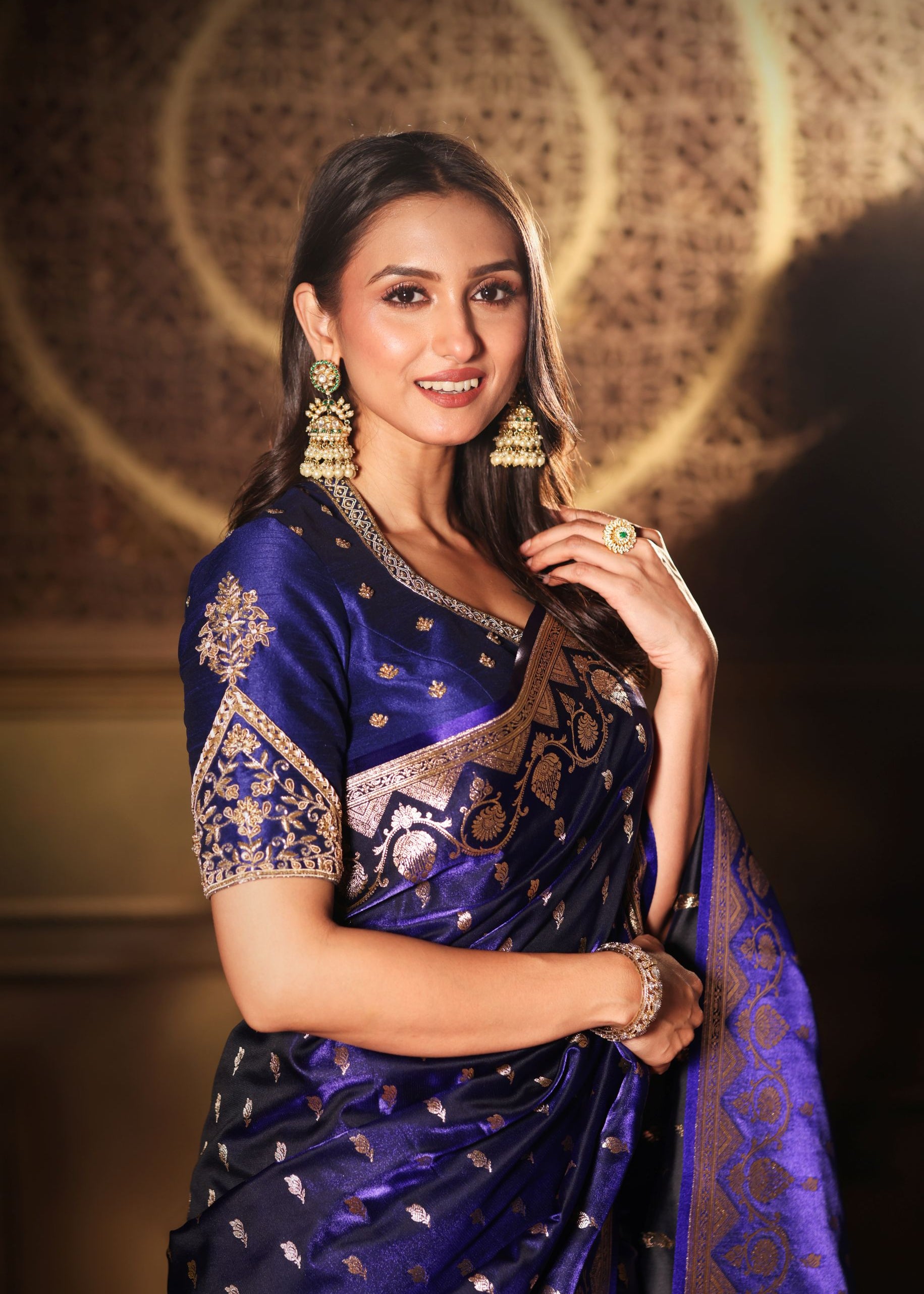 Blue Bridal Banarasi Silk Saree with all over work Close Up
