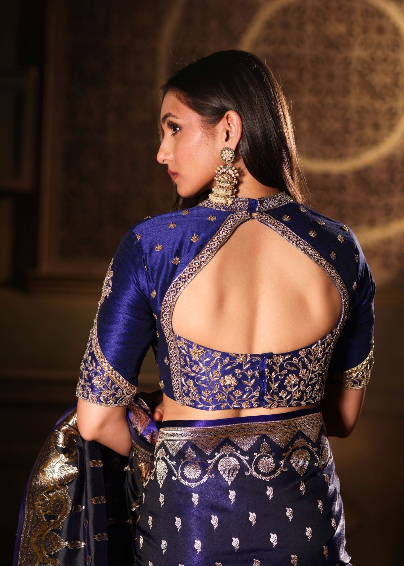 Blue Bridal Banarasi Silk Saree with all over work - Anvi Couture