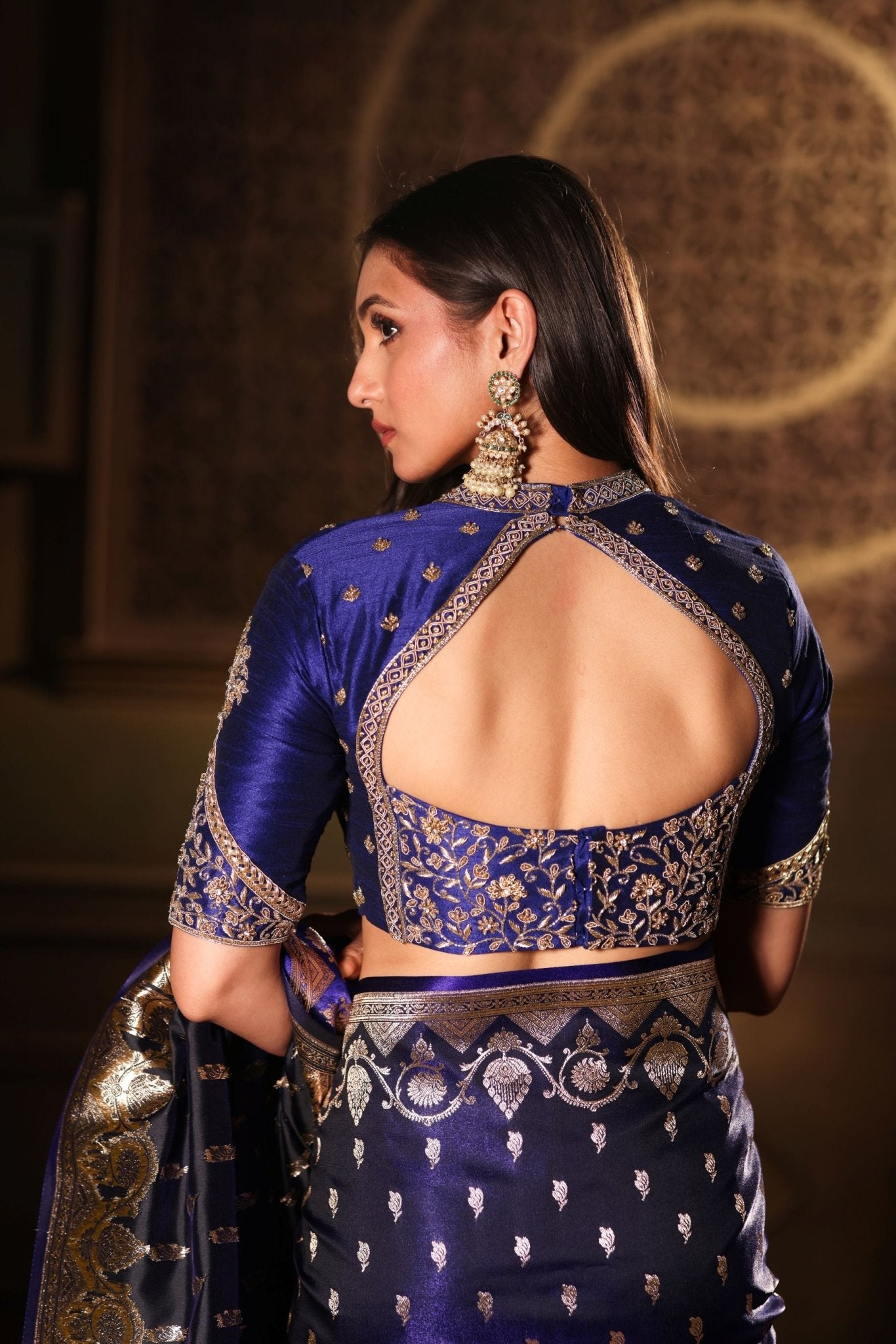 Blue Bridal Banarasi Silk Saree with all over work - Anvi Couture