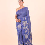 Blue Chanderi Silk Saree with Silver Floral Zari Woven Work Front View