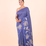 Blue Chanderi Silk Saree with Silver Floral Zari Woven Work Front View