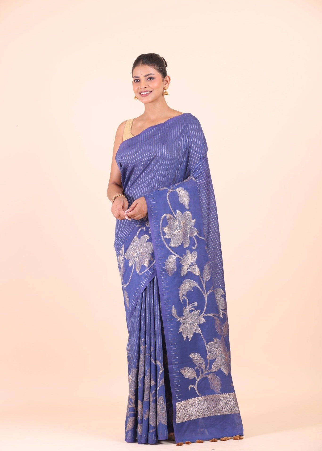 Blue Chanderi Silk Saree with Silver Floral Zari Woven Work - Anvi Couture