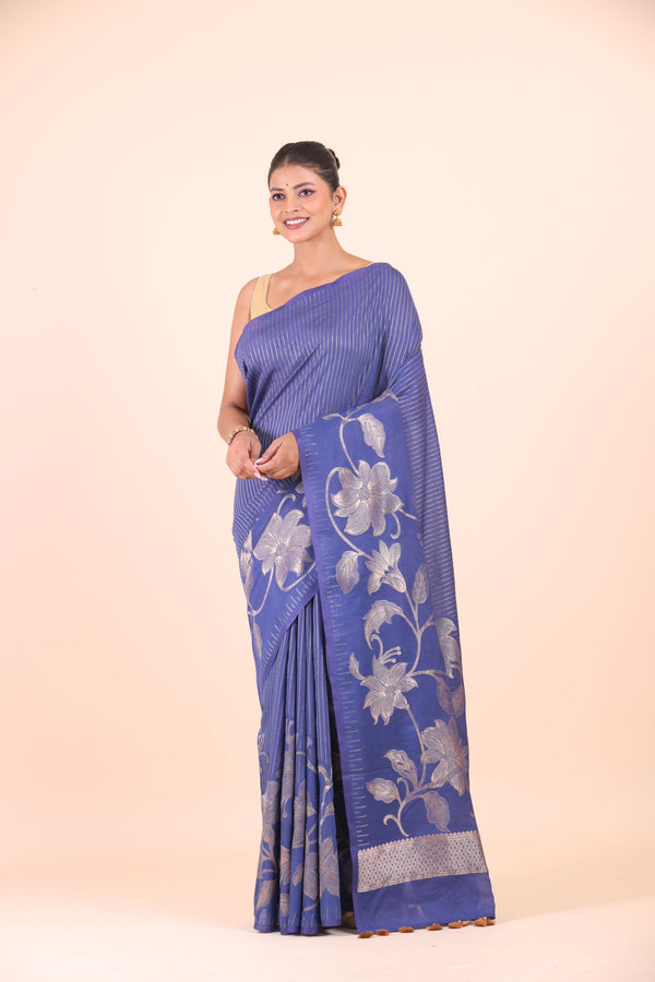 Blue Chanderi Silk Saree with Silver Floral Zari Woven Work Front View