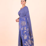 Blue Chanderi Silk Saree with Silver Floral Zari Woven Work Side View