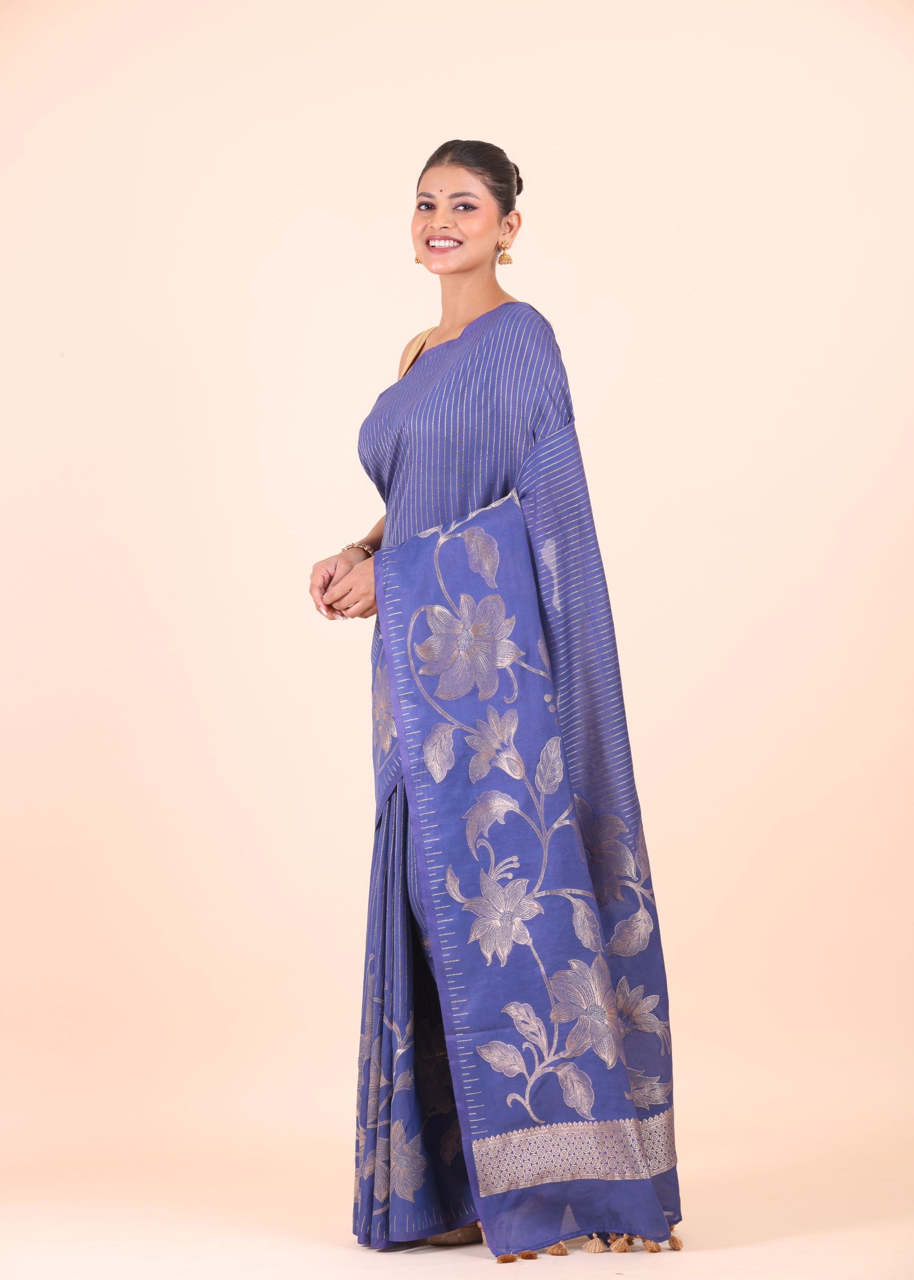 Blue Chanderi Silk Saree with Silver Floral Zari Woven Work Side View