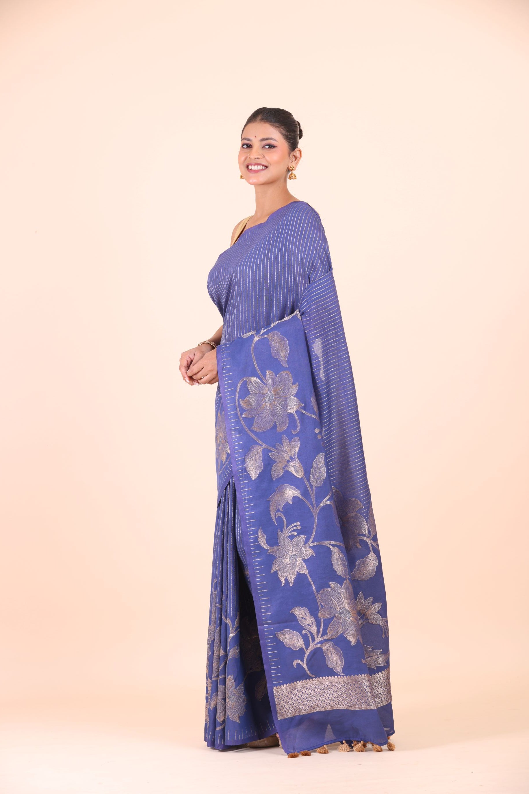 Blue Chanderi Silk Saree with Silver Floral Zari Woven Work Side View