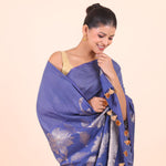 Blue Chanderi Silk Saree with Silver Floral Zari Woven Work Close Up