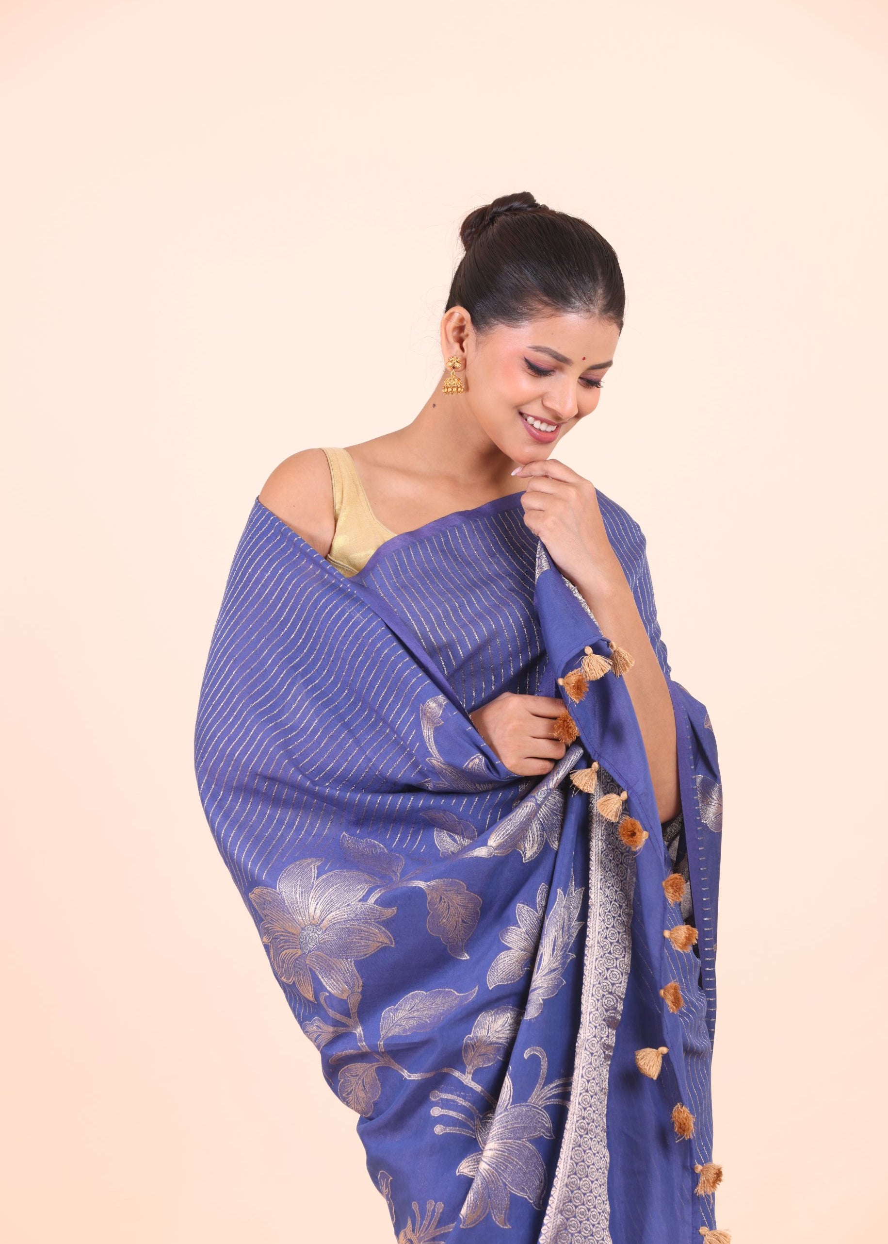 Blue Chanderi Silk Saree with Silver Floral Zari Woven Work Close Up