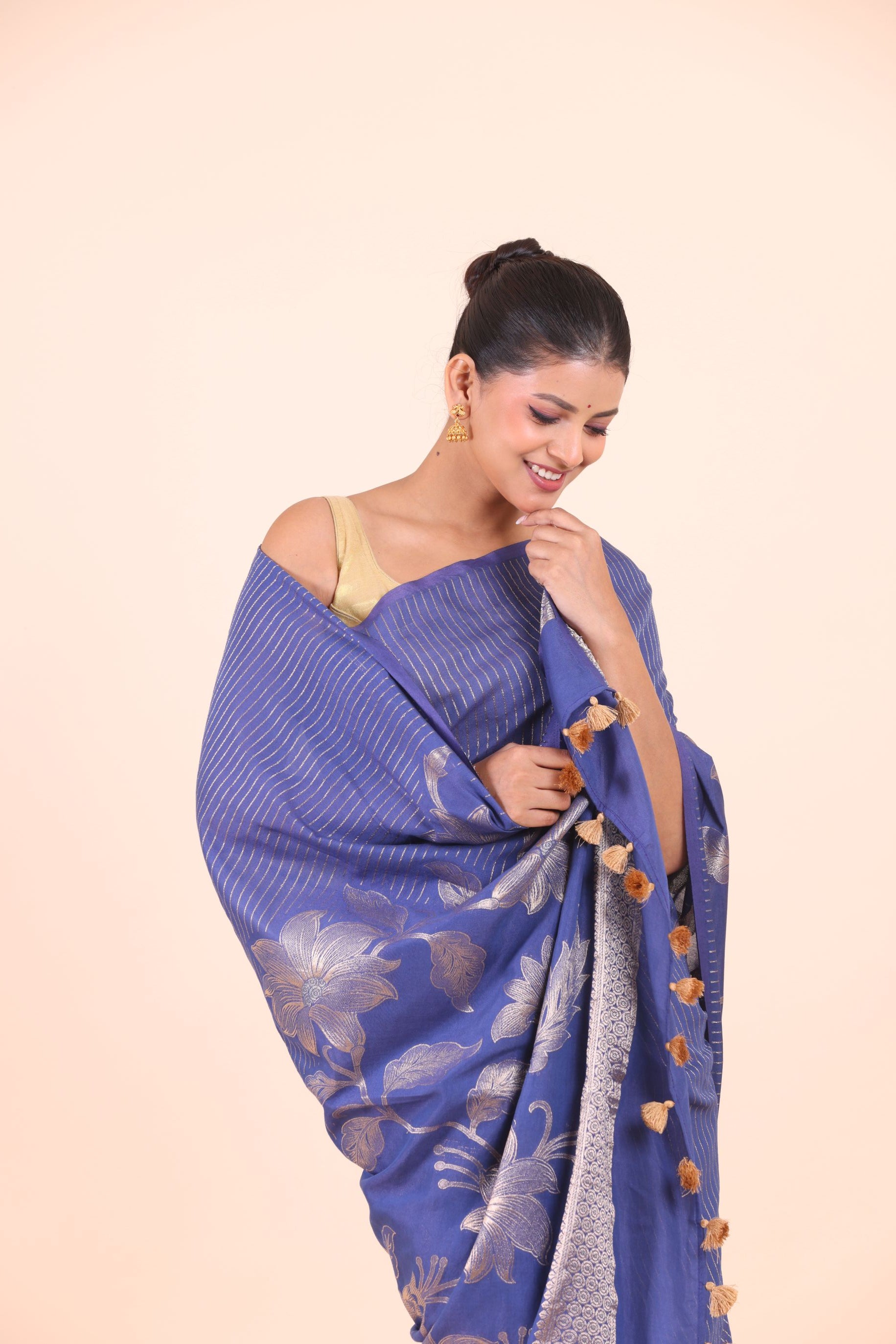 Blue Chanderi Silk Saree with Silver Floral Zari Woven Work Close Up