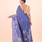 Blue Chanderi Silk Saree with Silver Floral Zari Woven Work Back View
