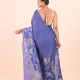 Blue Chanderi Silk Saree with Silver Floral Zari Woven Work Back View