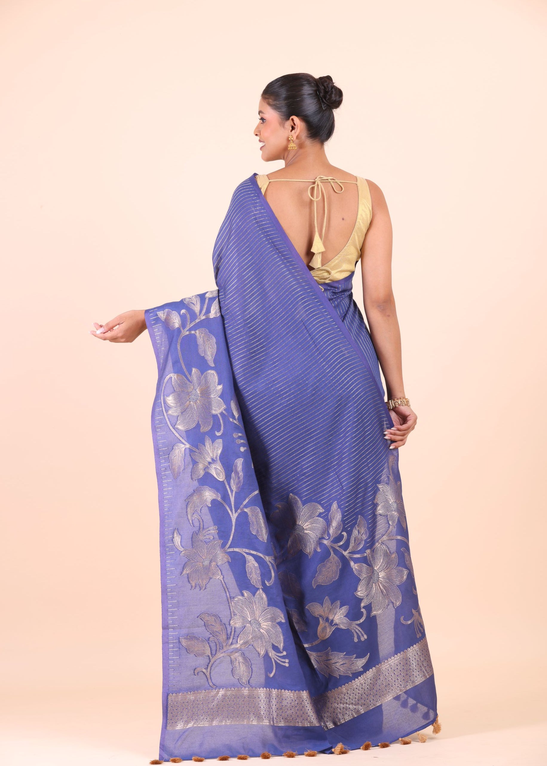 Blue Chanderi Silk Saree with Silver Floral Zari Woven Work Back View