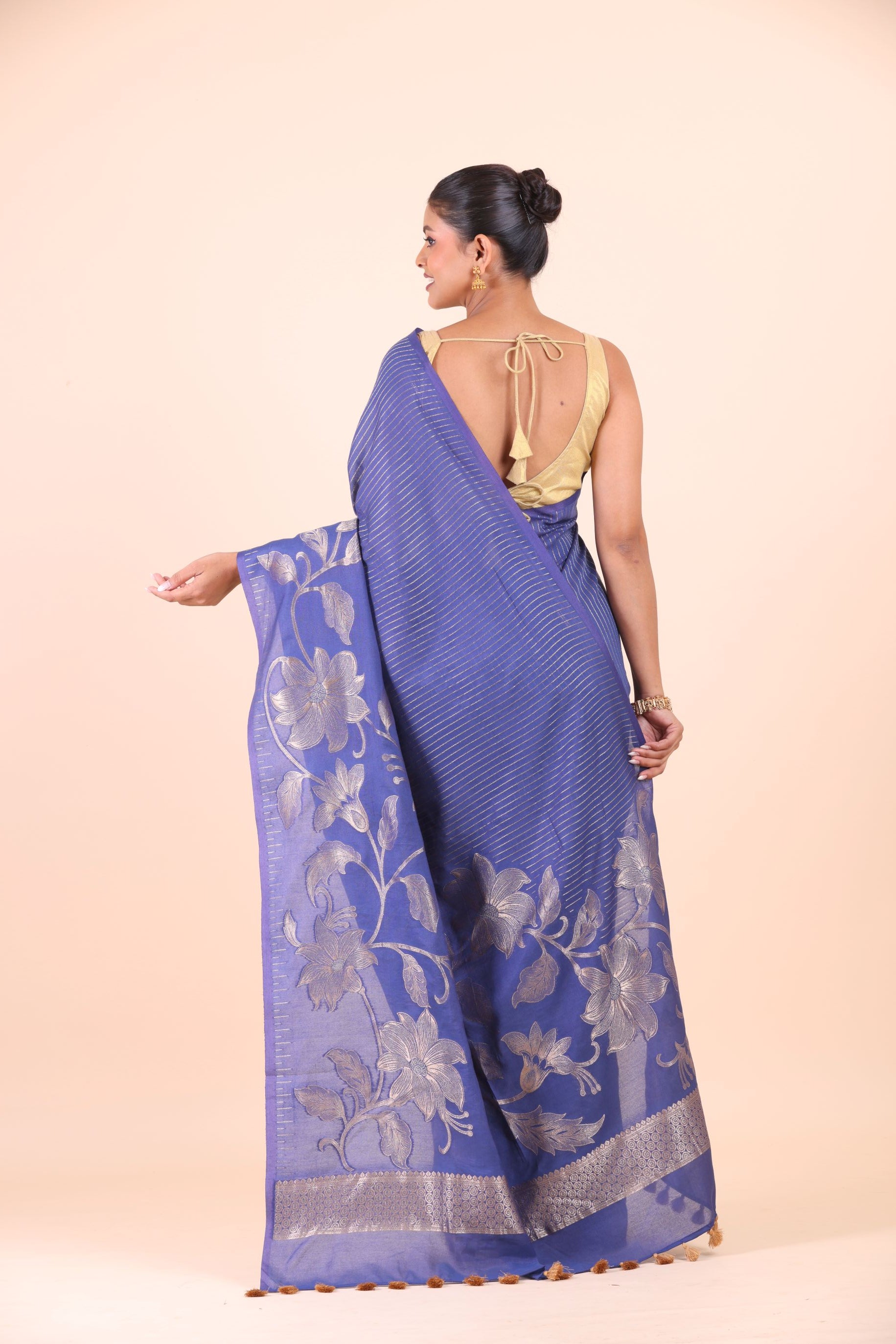 Blue Chanderi Silk Saree with Silver Floral Zari Woven Work Back View