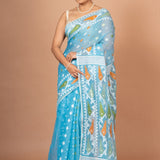 Blue Cotton Handloom Jamdani Saree Full