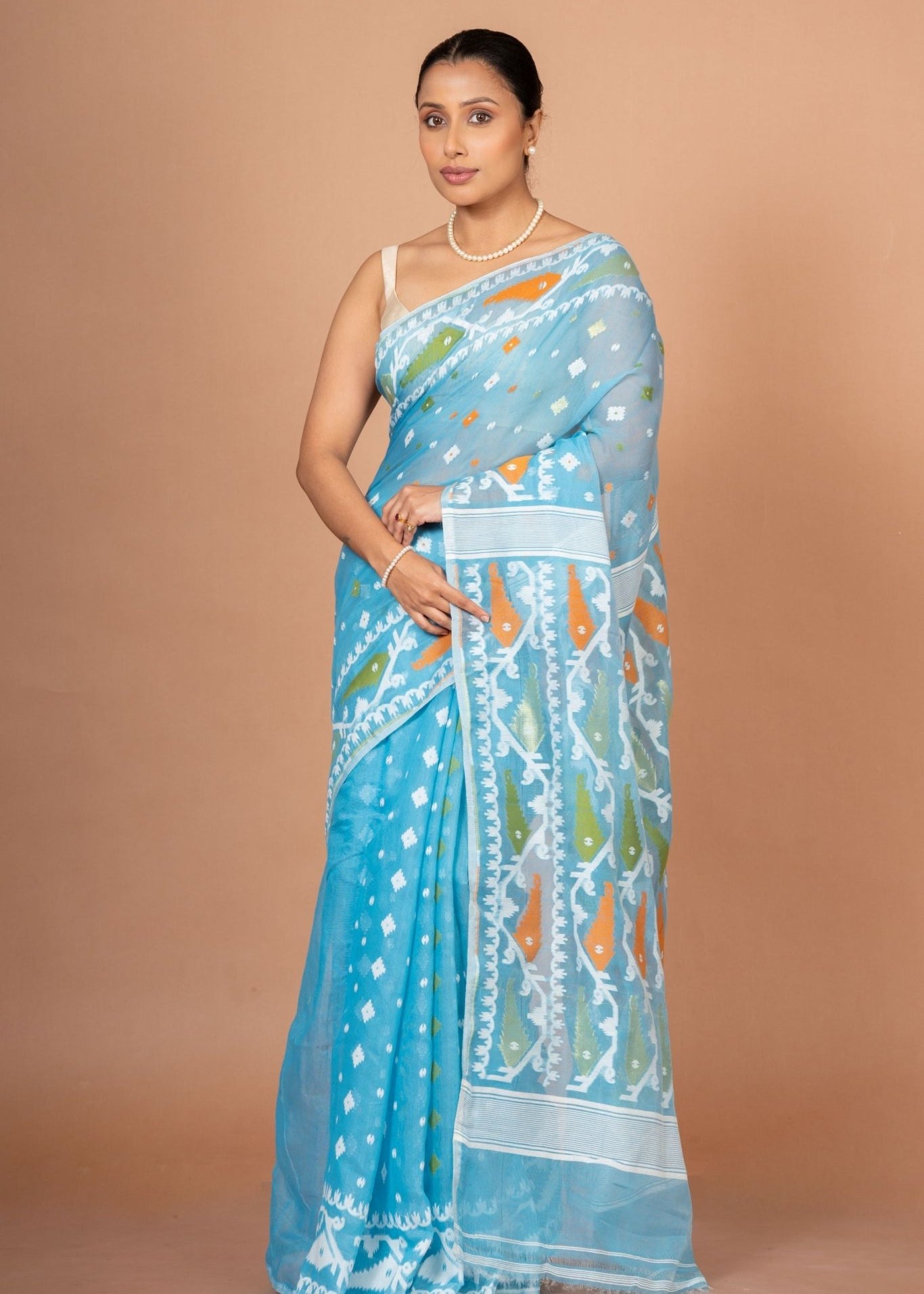 Blue Cotton Handloom Jamdani Saree - Anvi Couture
