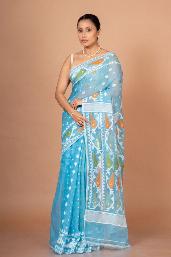 Blue Cotton Handloom Jamdani Saree - Anvi Couture