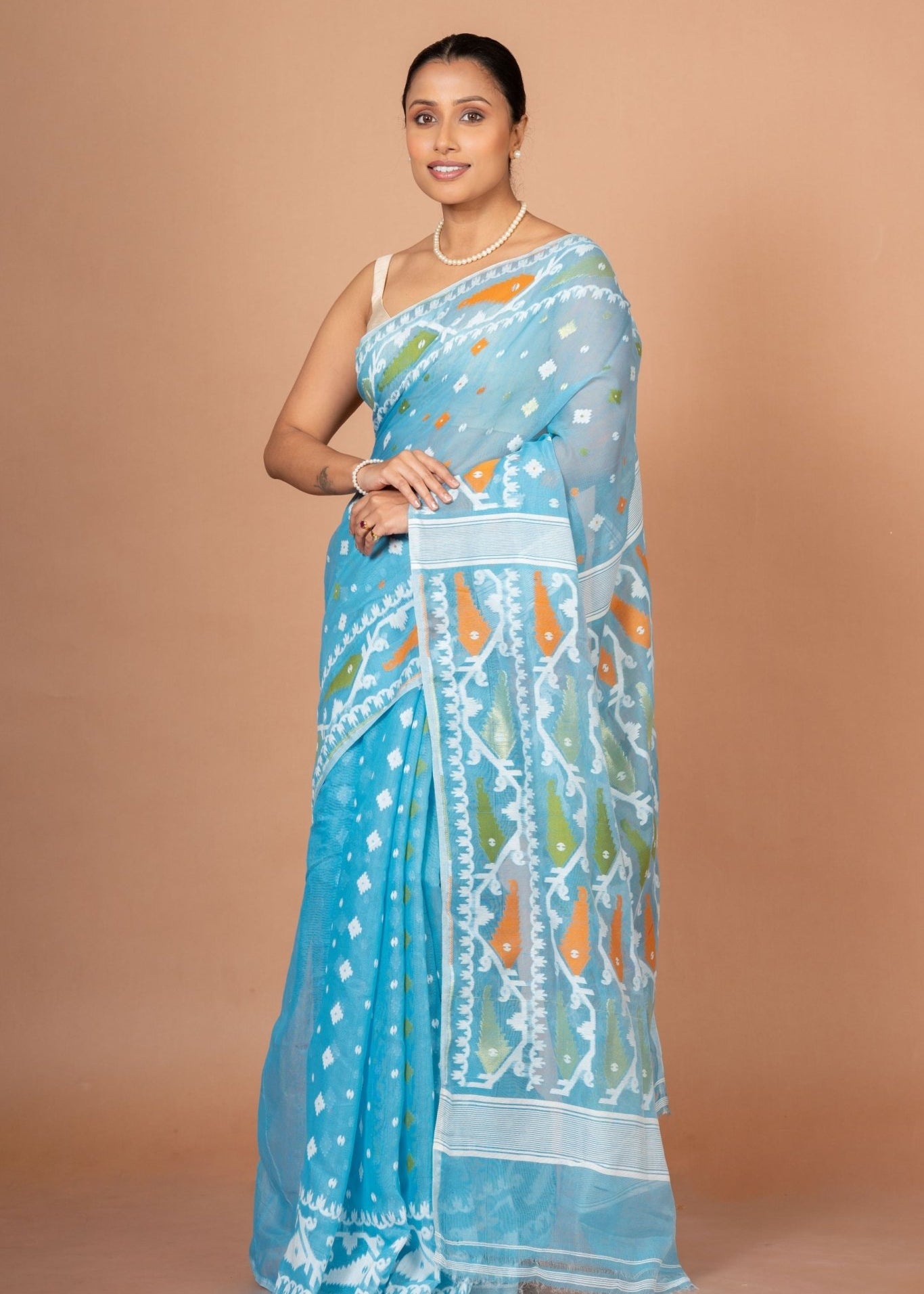 Blue Cotton Handloom Jamdani Saree - Anvi Couture