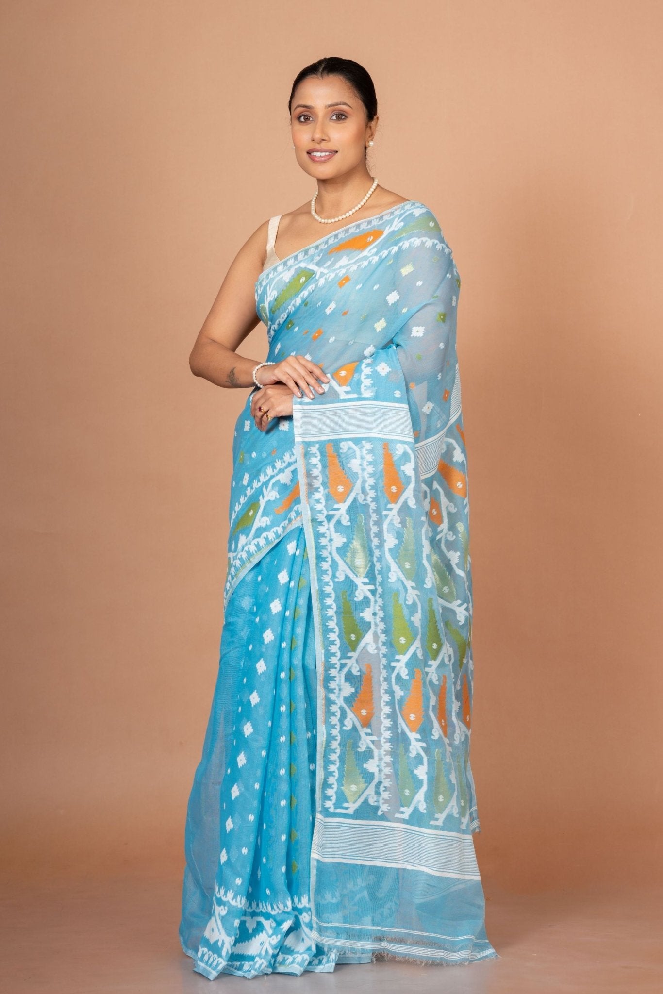Blue Cotton Handloom Jamdani Saree Front