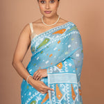 Blue Cotton Handloom Jamdani Saree Close Up