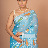 Blue Cotton Handloom Jamdani Saree Close Up