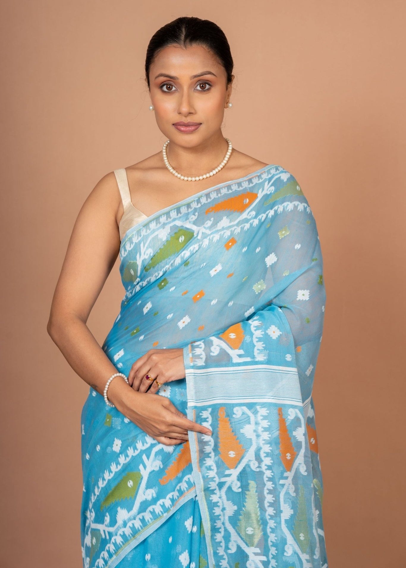 Blue Cotton Handloom Jamdani Saree - Anvi Couture