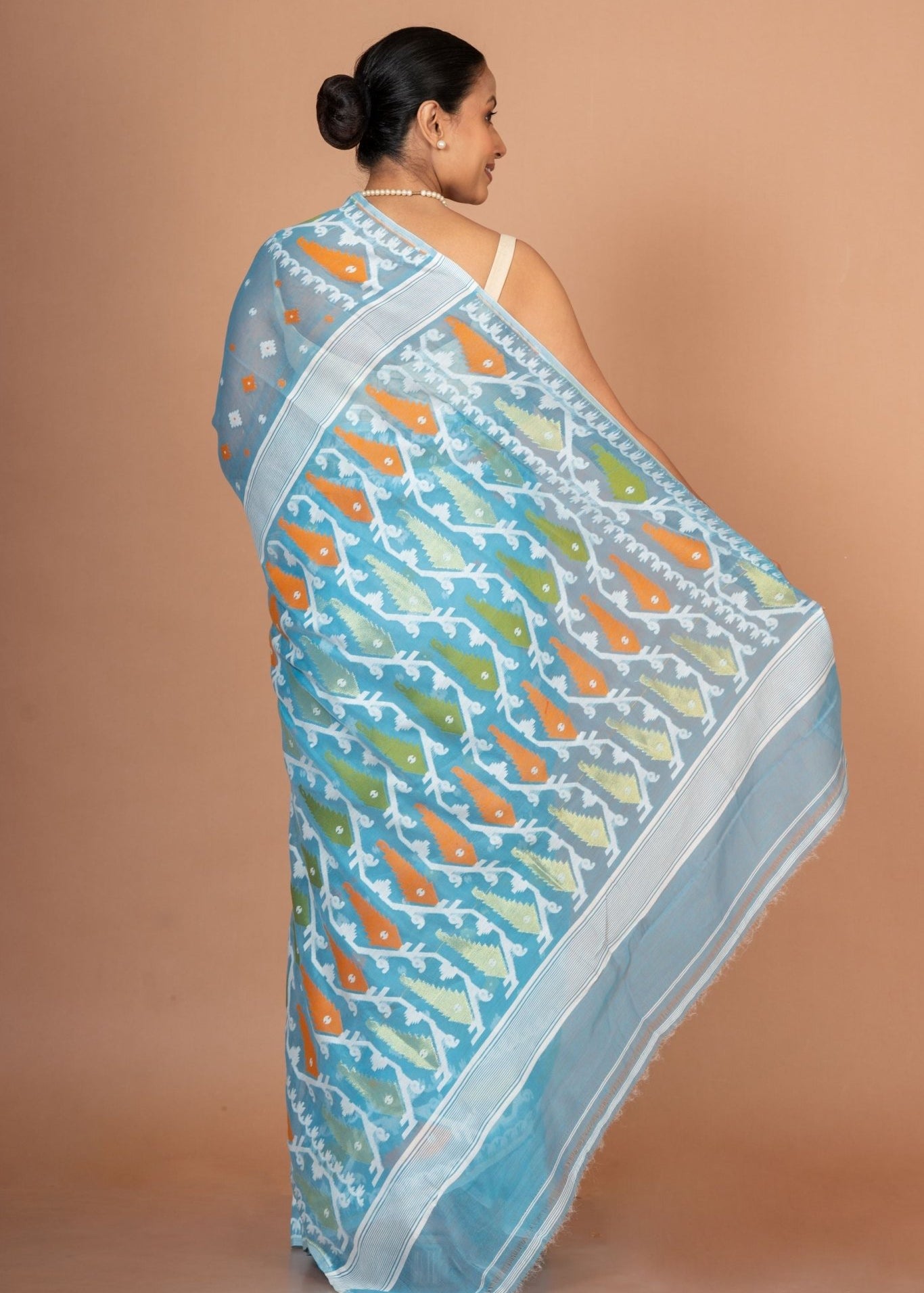 Blue Cotton Handloom Jamdani Saree - Anvi Couture