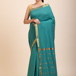 Blue Cotton Handloom Saree with Golden Border - Anvi Couture