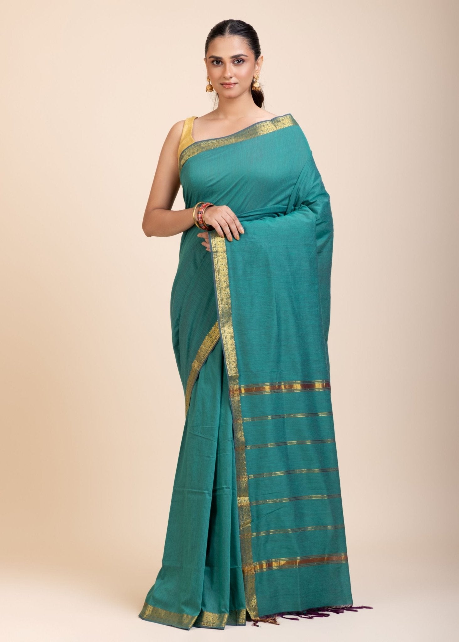 Blue Cotton Handloom Saree with Golden Border - Anvi Couture