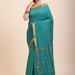 Blue Cotton Handloom Saree with Golden Border - Anvi Couture
