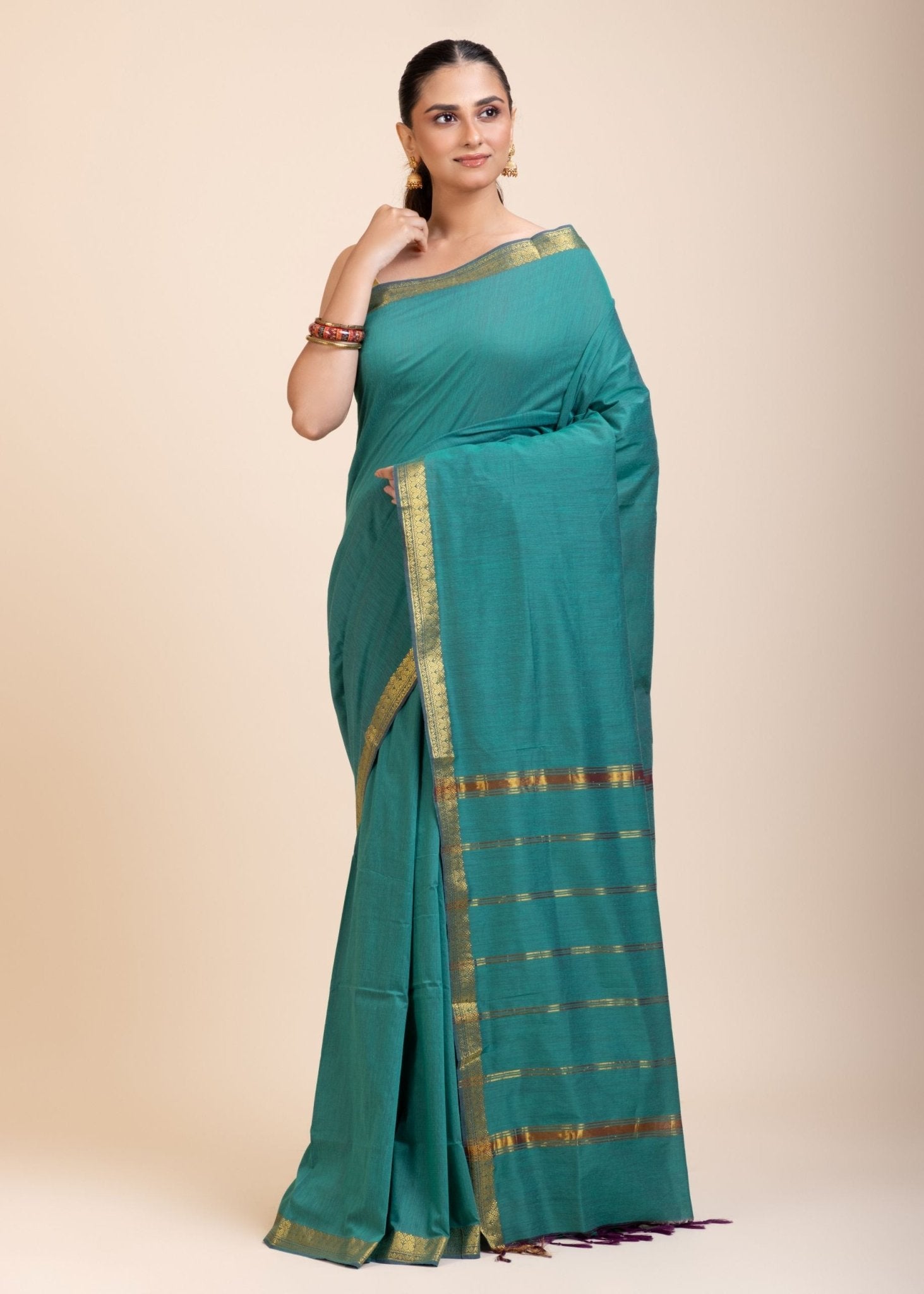 Blue Cotton Handloom Saree with Golden Border - Anvi Couture