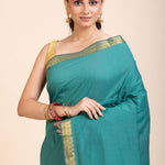 Blue Cotton Handloom Saree with Golden Border - Anvi Couture