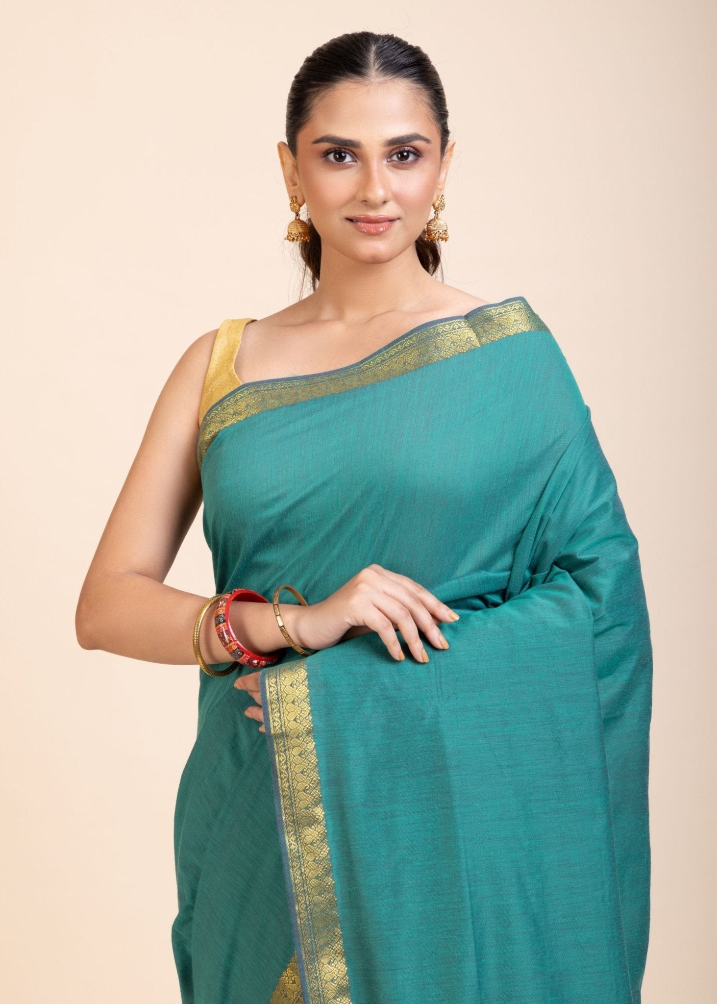 Blue Cotton Handloom Saree with Golden Border - Anvi Couture