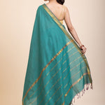 Blue Cotton Handloom Saree with Golden Border - Anvi Couture