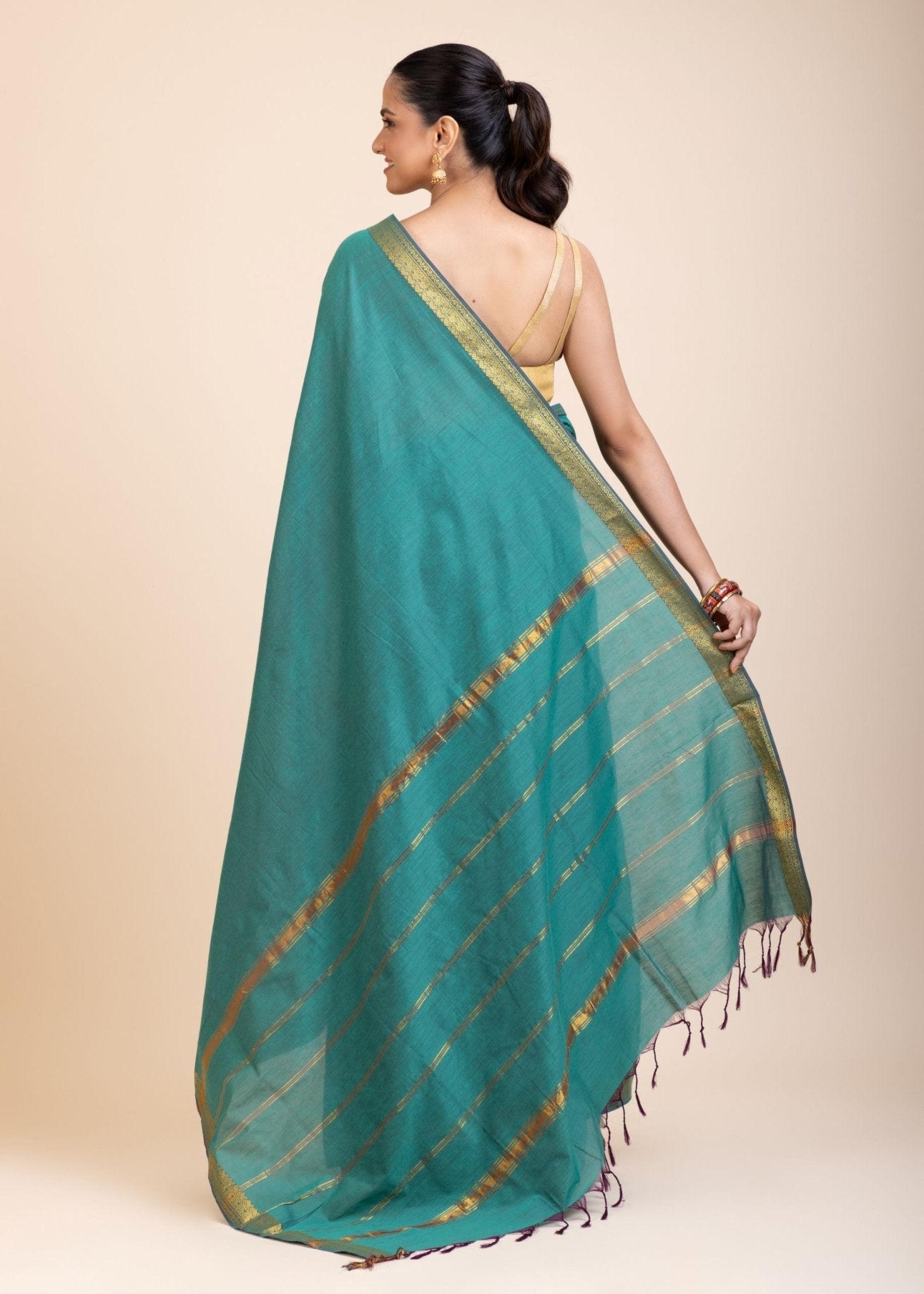 Blue Cotton Handloom Saree with Golden Border - Anvi Couture