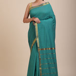 Blue Cotton Handloom Saree with Golden Border Full

