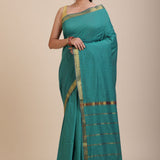 Blue Cotton Handloom Saree with Golden Border Full

