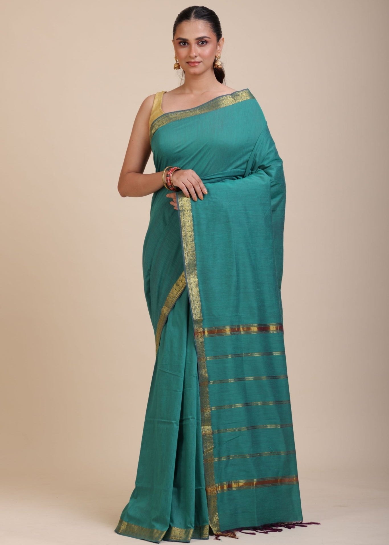 Blue Cotton Handloom Saree with Golden Border - Anvi Couture