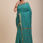 Blue Cotton Handloom Saree with Golden Border Front

