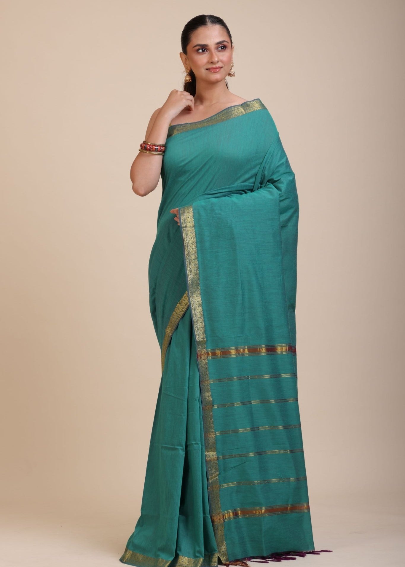 Blue Cotton Handloom Saree with Golden Border - Anvi Couture