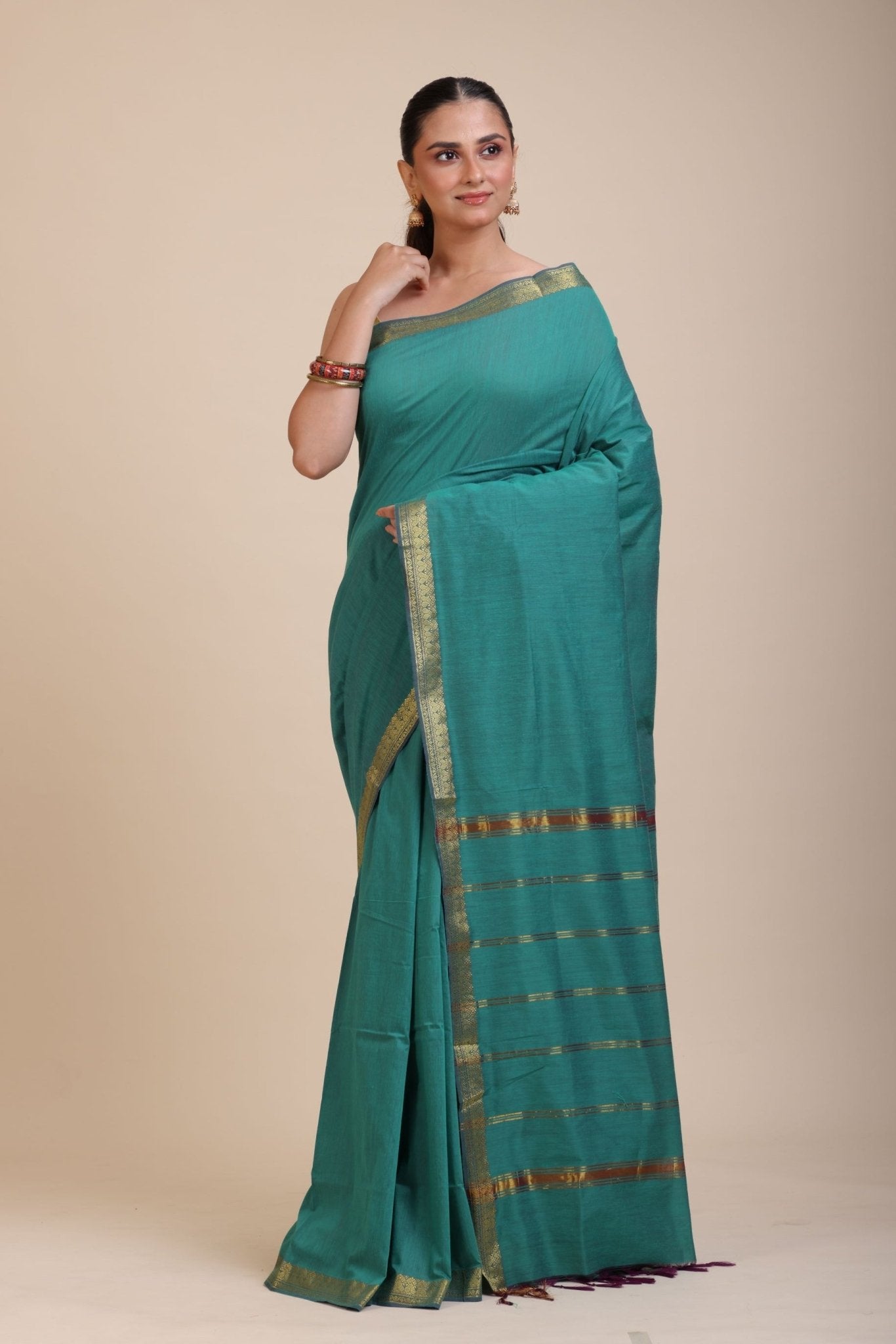 Blue Cotton Handloom Saree with Golden Border - Anvi Couture