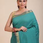 Blue Cotton Handloom Saree with Golden Border Close Up

