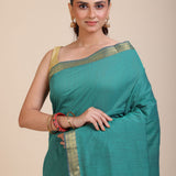 Blue Cotton Handloom Saree with Golden Border Close Up

