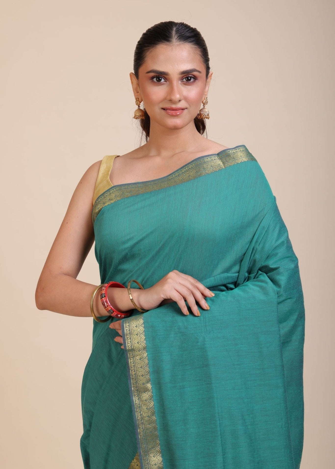 Blue Cotton Handloom Saree with Golden Border - Anvi Couture