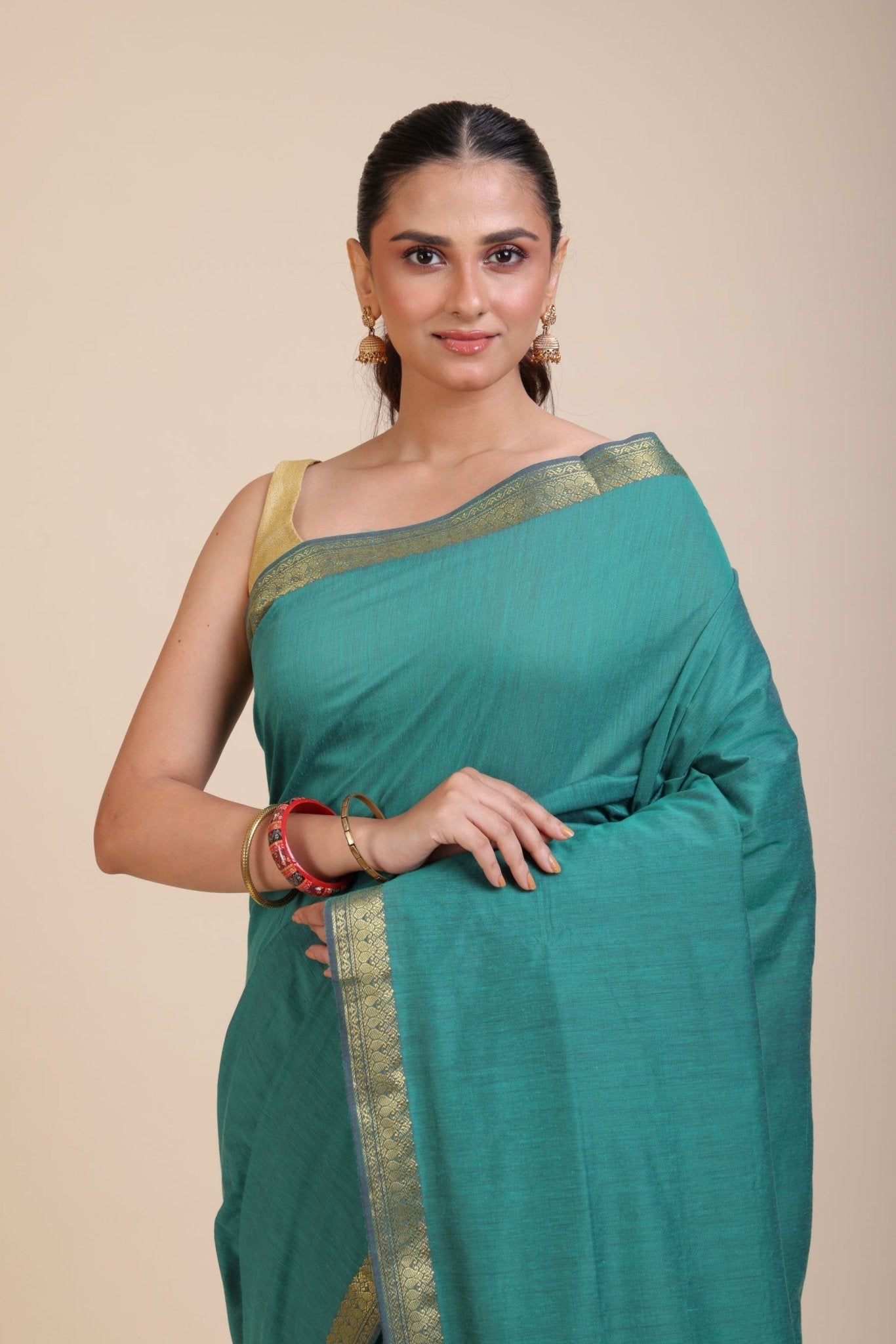 Blue Cotton Handloom Saree with Golden Border - Anvi Couture