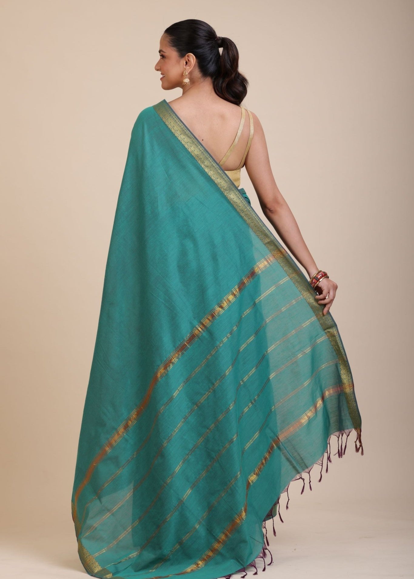 Blue Cotton Handloom Saree with Golden Border - Anvi Couture