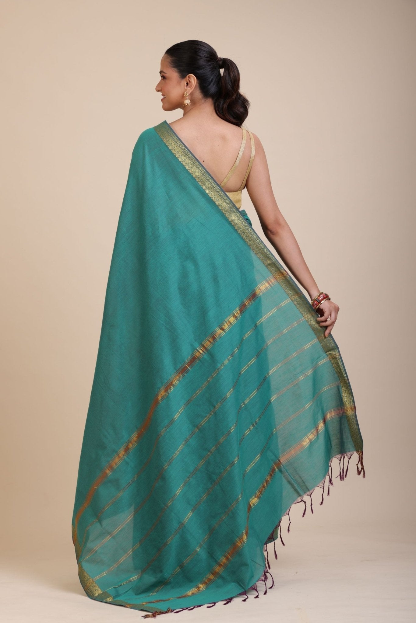 Blue Cotton Handloom Saree with Golden Border - Anvi Couture