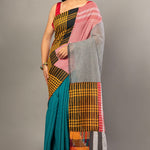 Blue Cotton Saree with Multicolor Gamcha Checks - Anvi Couture