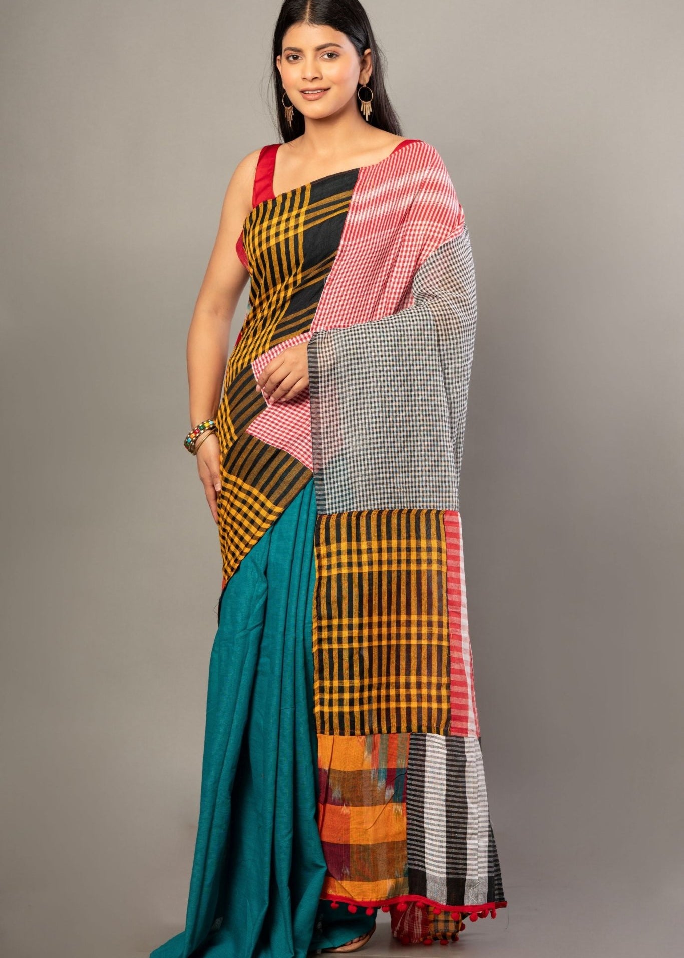 Blue Cotton Saree with Multicolor Gamcha Checks - Anvi Couture